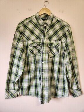 Burnside Plaid Button Up Shirt Green Black Long Sleeve Western Gorpcore Mens XL